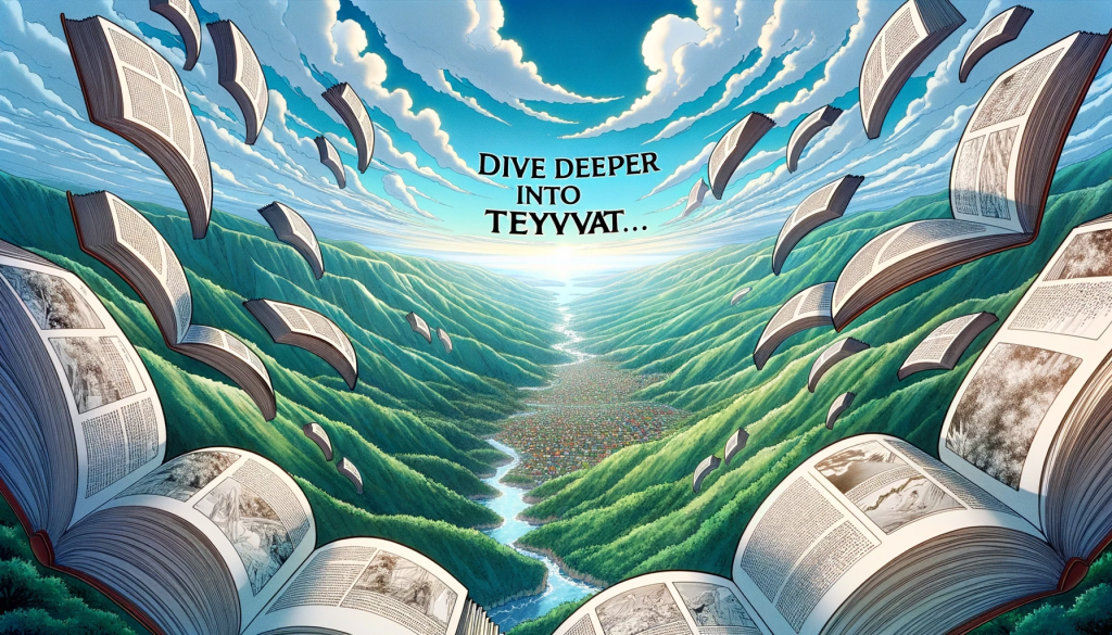 Illustration of Teyvat's landscape with manga page overlays. genshin impact Genshin Impact Scenic Teyvat with Manga Overlay 1024x585