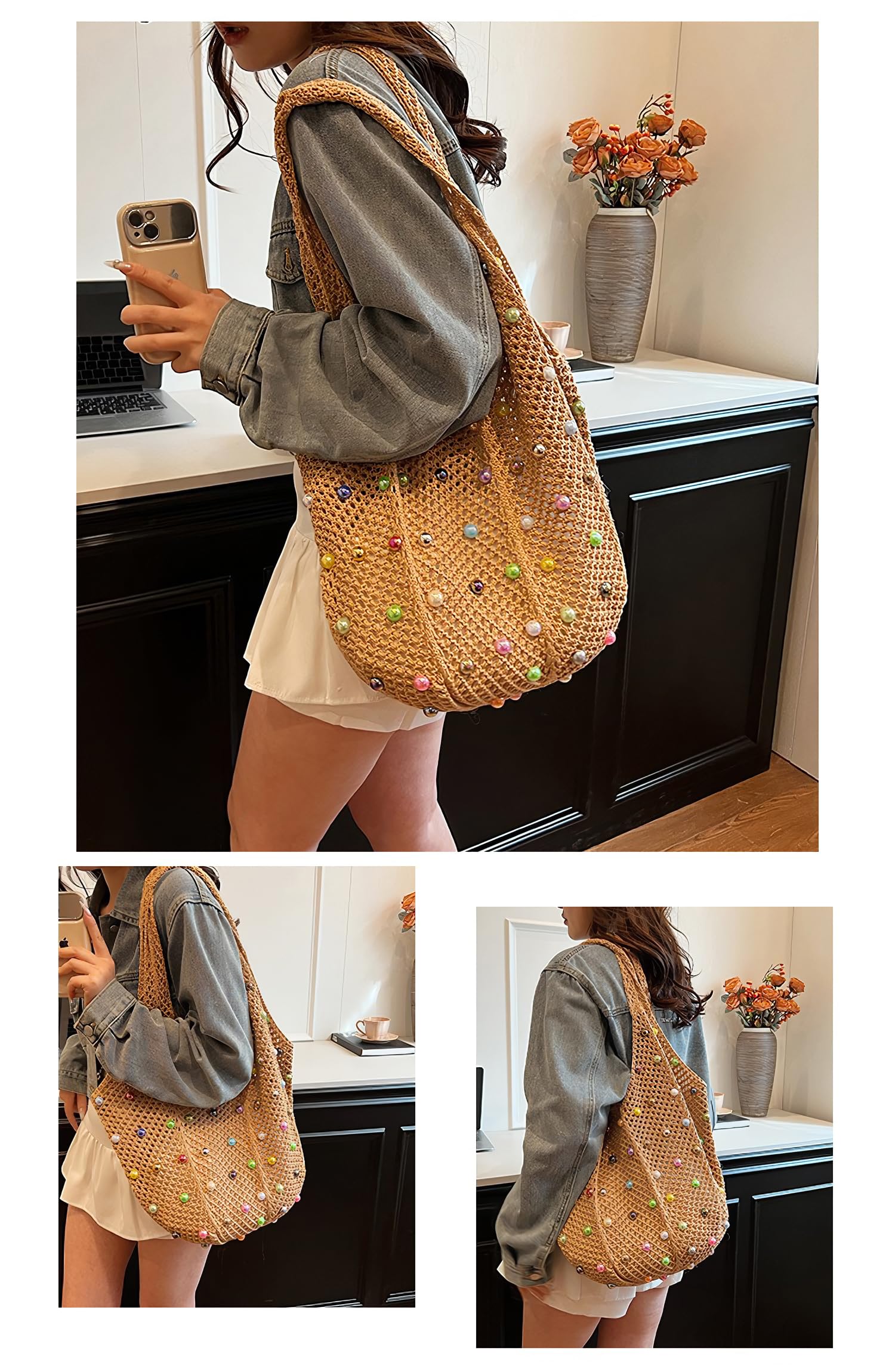 Boho Crochet Beach Tote Shoulder Bag