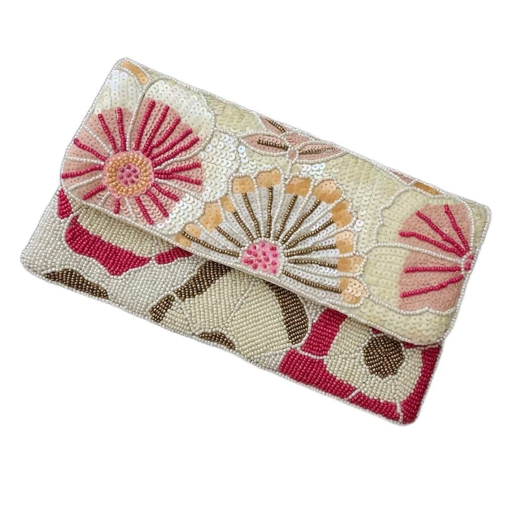 Enliven Handmade Floral Pink & White Beaded Clutch Bag