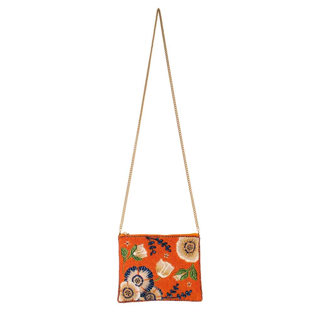 Mary Frances Wild Abandon Orange Beaded Floral Mini Crossbody Clutch Handbag