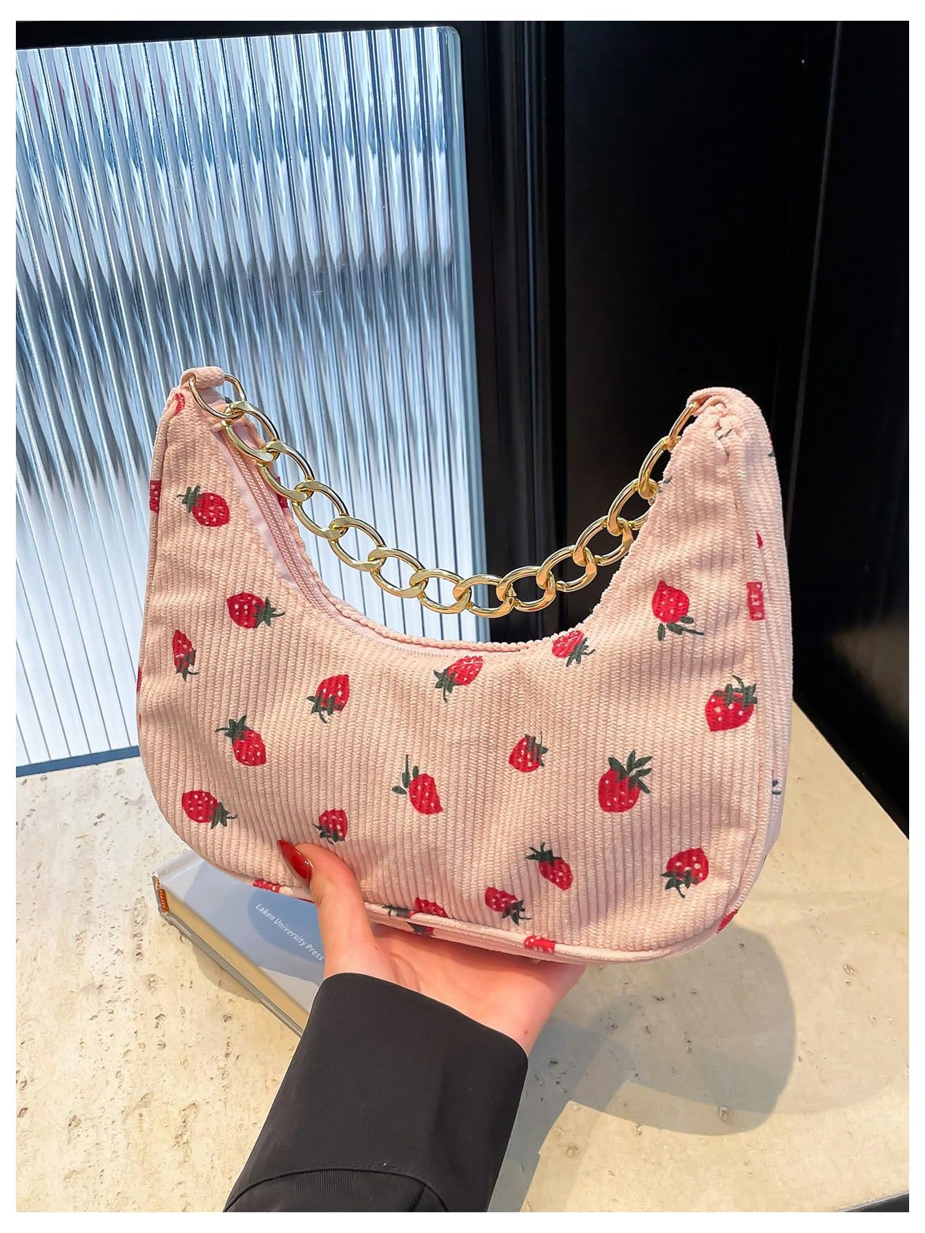 Verdusa Women's Beaded Floral Top Handle Hobo Purse with Metal Chain Crescent Handbag